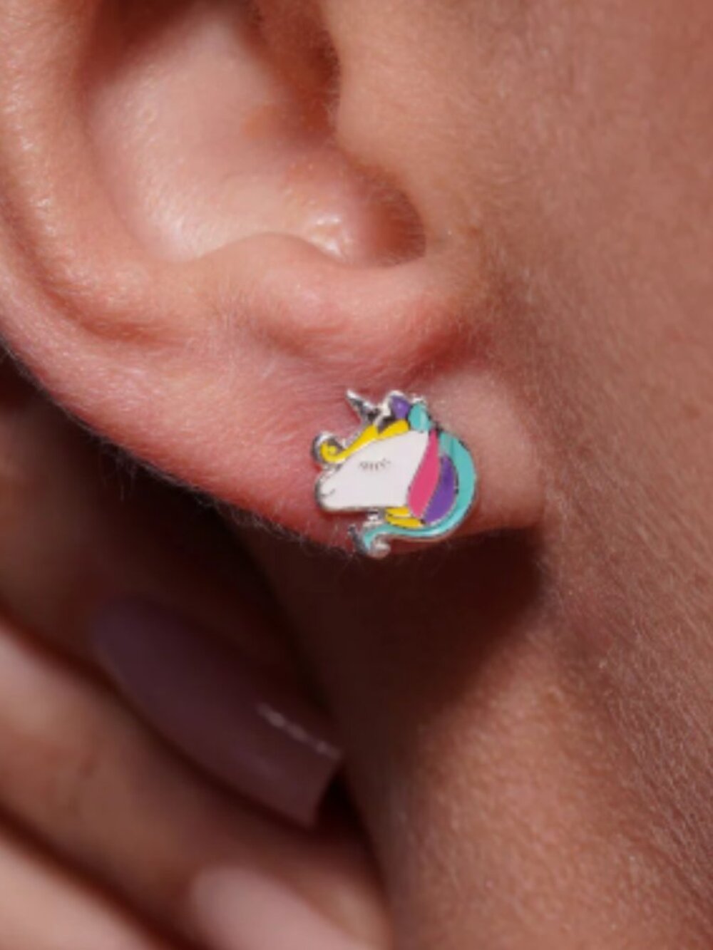 Sterling Silver 925 High Polished Colored Enamel Unicorn Head Screw Stud Earring